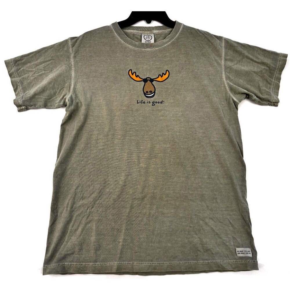 Life is Good Men’s Medium Green Moose Graphic TShirt “Let It Go Dude” Casual Tee